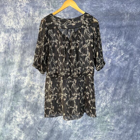 Club Monaco Sheer Tunic Top Black Floral 100% Silk Sz 4 - Picture 3 of 3